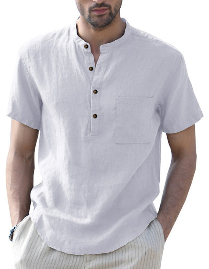 SHOPIQAT Men's Woven Casual Stand Collar Linen Short Sleeve Shirt - Premium from shopiqat - Just $6.900! Shop now at shopiqat